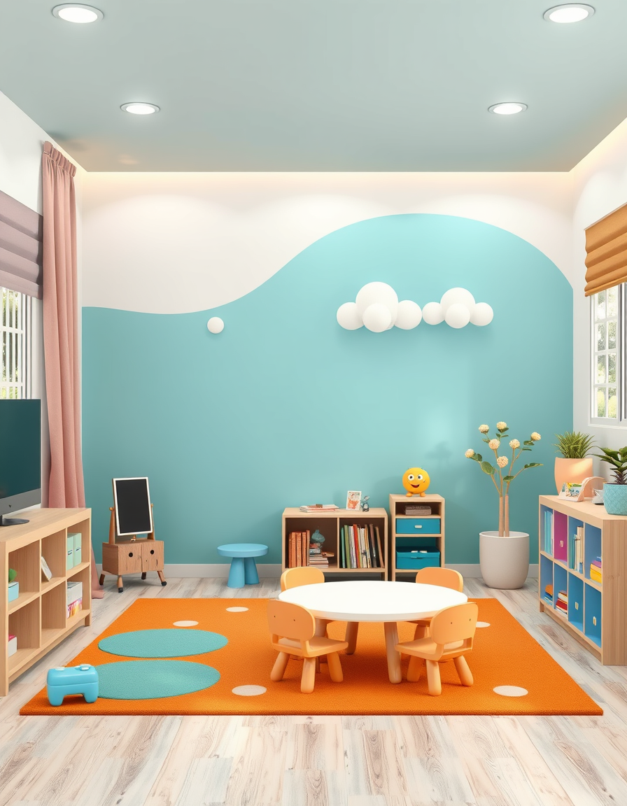 Room Design idea: AI room design, full room layout furniture and lighting, photorealistic interior render, whimsial reading area daycare toddlers , room design visualiz