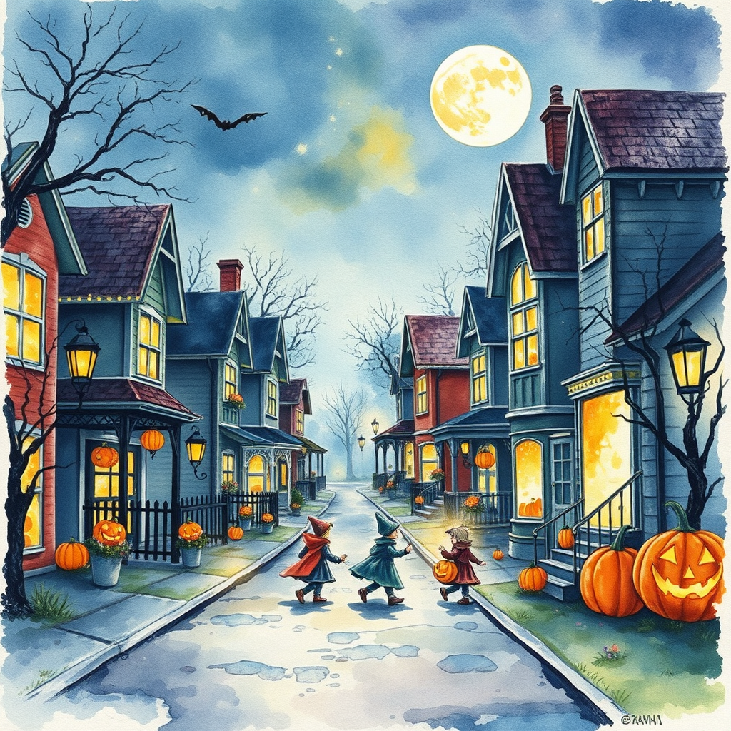 Picture Into Watercolor idea: turn picture into watercolor, transparent washes, paper texture, soft pigment edges, A beautiful Halloween street and houses with lighting and decorat