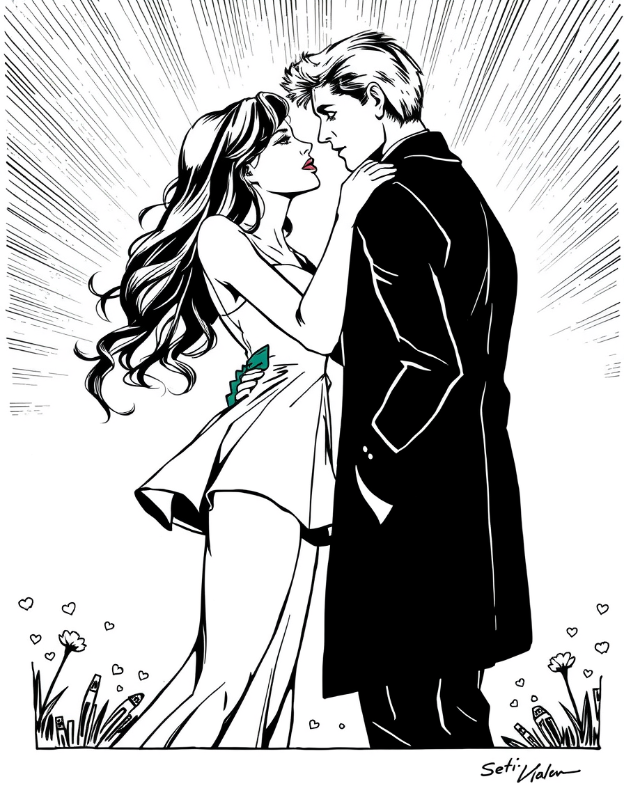 Comic Art idea created from the prompt: comic art, bold ink lines, halftone shading, dynamic composition, Romanticcouple , graphic novel illustration, comic panel ready