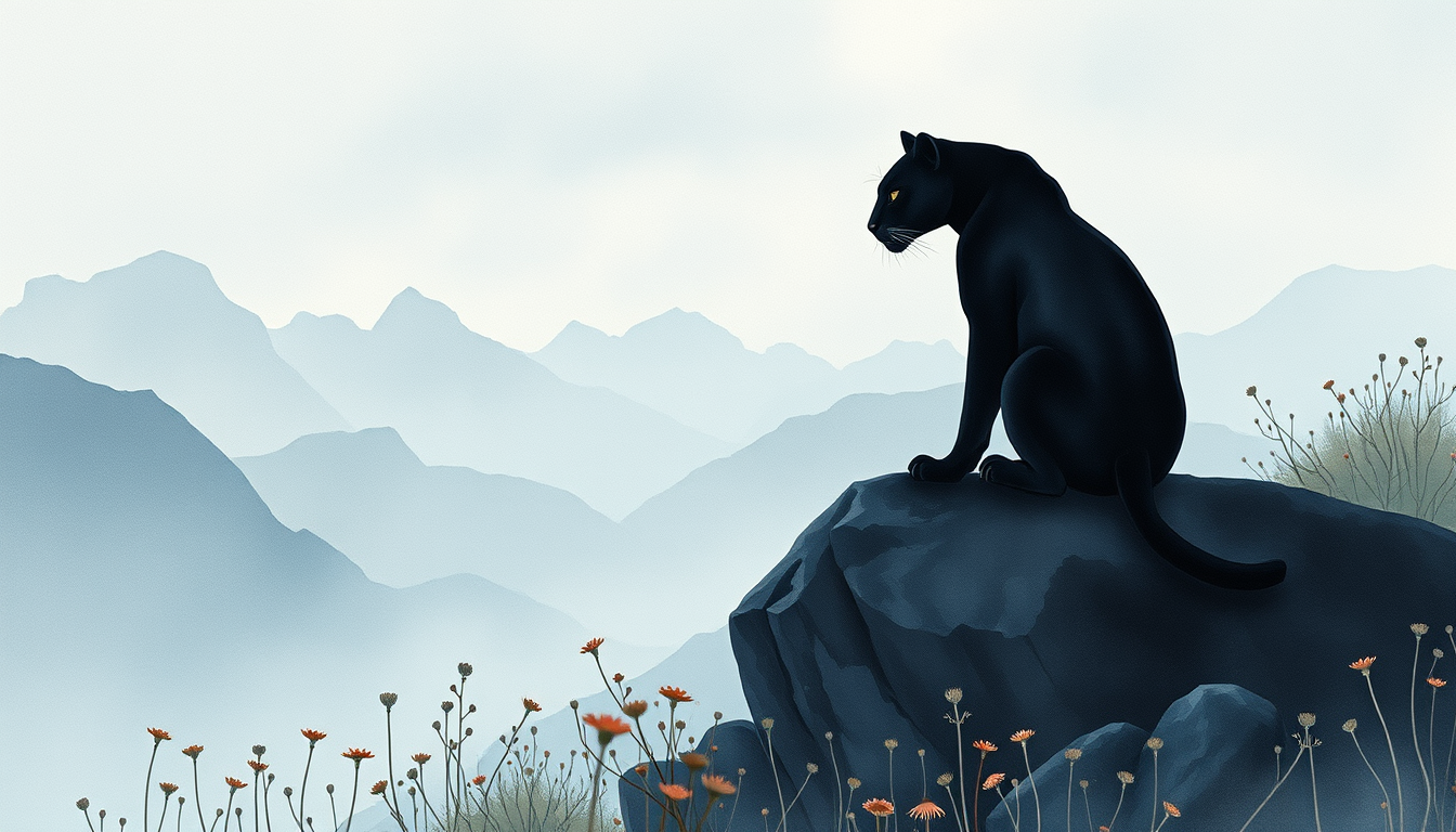 Main painting studio: A beautiful mysterious black panther sitting alone on a dark rock, overlooking a vast empty landscape. Soft watercolor storybook illustration, delicat