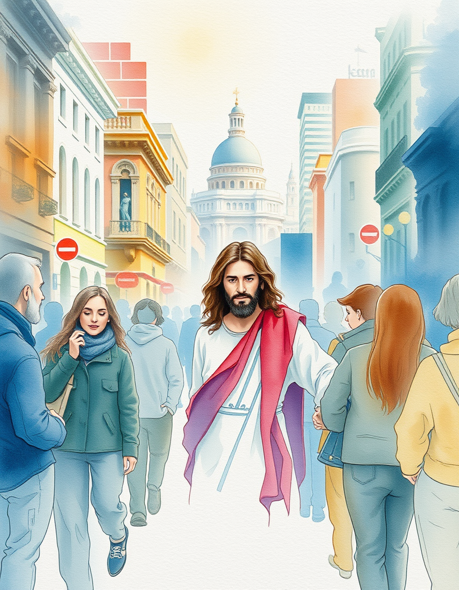 Picture Into Watercolor idea: turn picture into watercolor, transparent washes, paper texture, soft pigment edges, A city photo with Jesus surrounded by friends , delicate watercol