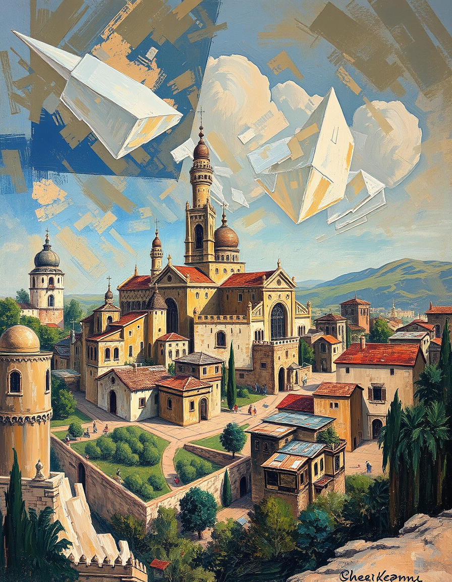 Oil Paintings idea: oil painting style, rich textures, brushstrokes, impasto technique, Paint a advanced civilization city , classical oil painting, museum quality