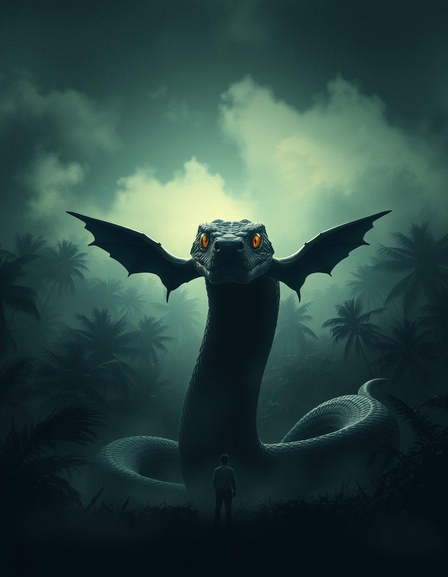 Book Covers idea: book cover composition, vertical 2:3 format, title-ready negative space at top, evocative subject, A giant snake with two feathered wings and golden e