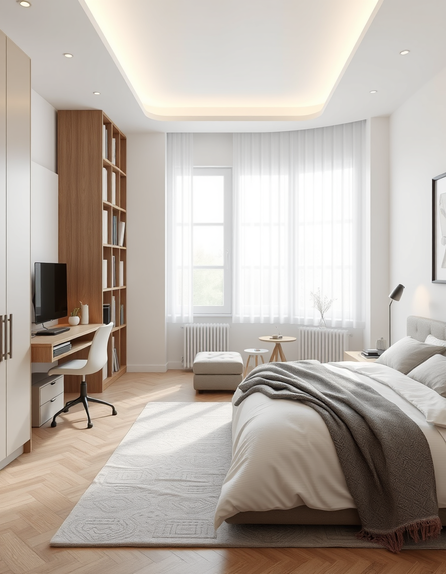 Room Design idea: AI room design, full room layout furniture and lighting, photorealistic interior render, Une chambre lumineuse avec deux pièces qui lui sont relié, un