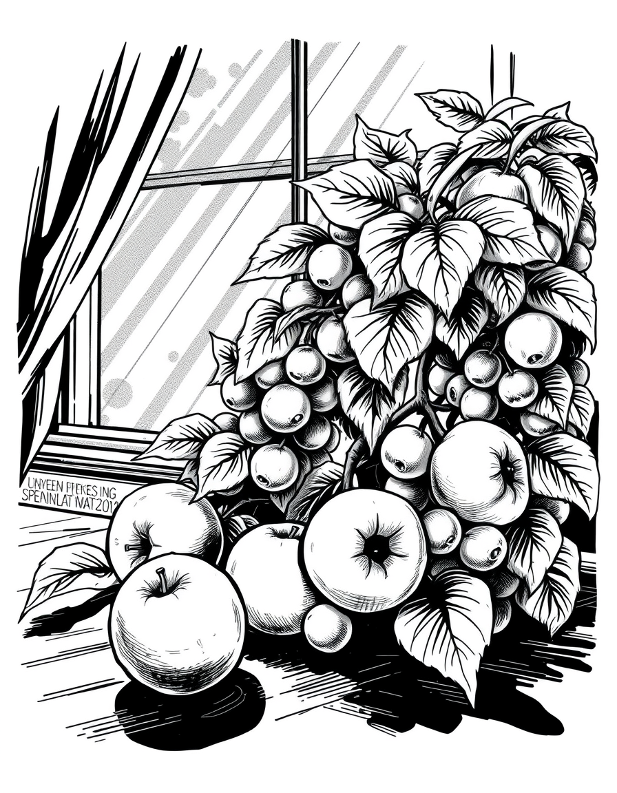Comic Art idea: comic art, bold ink lines, halftone shading, dynamic composition, Ein Stillleben mit Granatäpfeln auf einem Leinentuch, weiches Fensterlicht , graphic