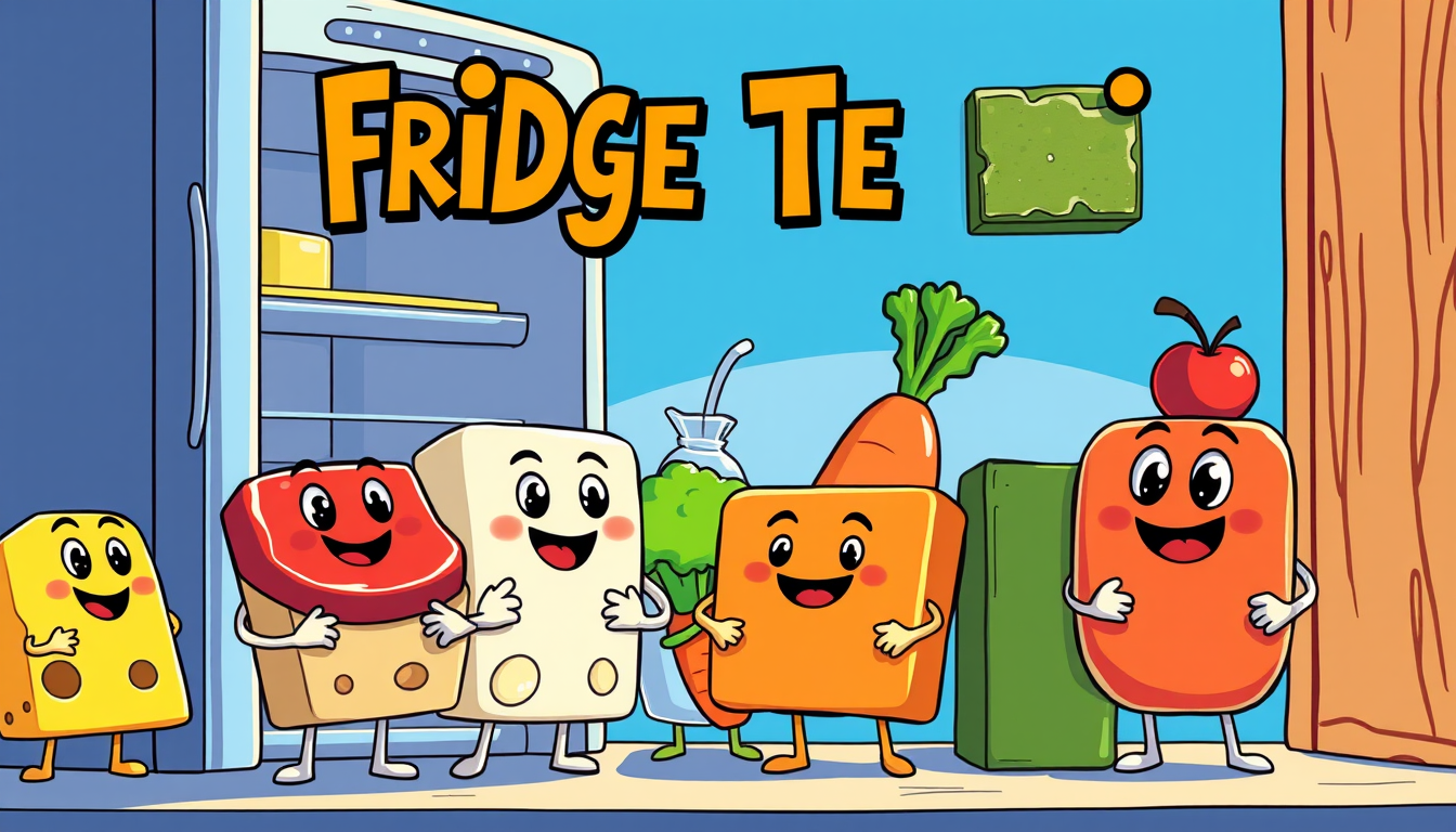 Comic Art idea: comic art, bold ink lines, halftone shading, dynamic composition, Pixar-style 3D animated banner for a puzzle game "Fridge Tetris": cute smiling food