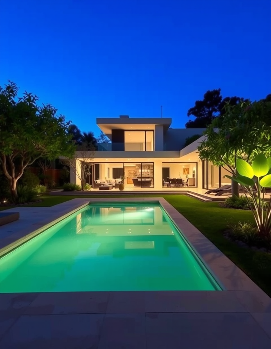 Main painting studio: hazme una casa moderna con un gran jardin, cancha de futbol,piscina ,algunas plantas y arboles, con una barbacoa y con caminos de balsosa pero hazmelo