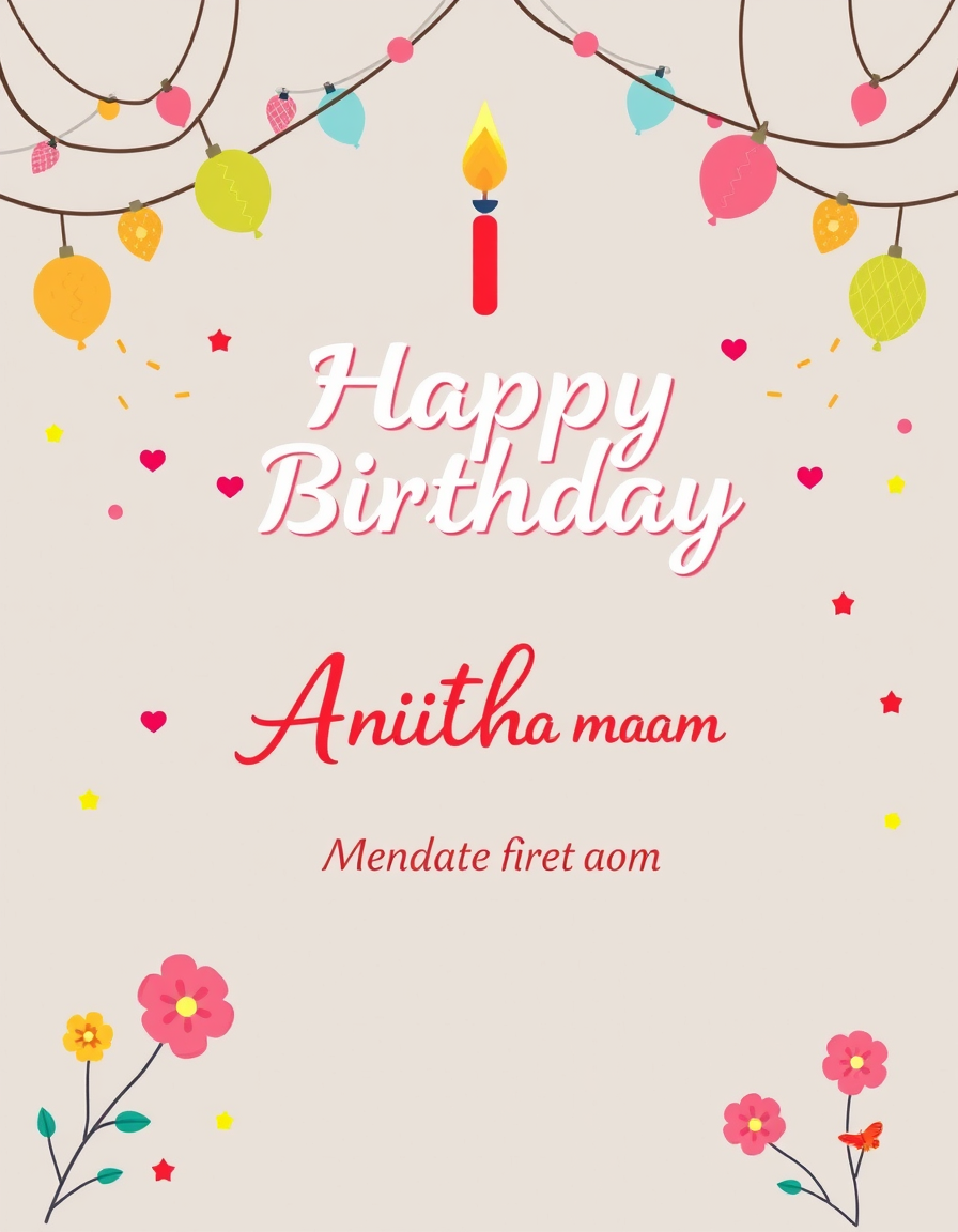 Birthday Cards idea: birthday card design, cheerful festive artwork, space for greeting, Birthday card To Anitha ma'am from Vandna Sharma , printable birthday card