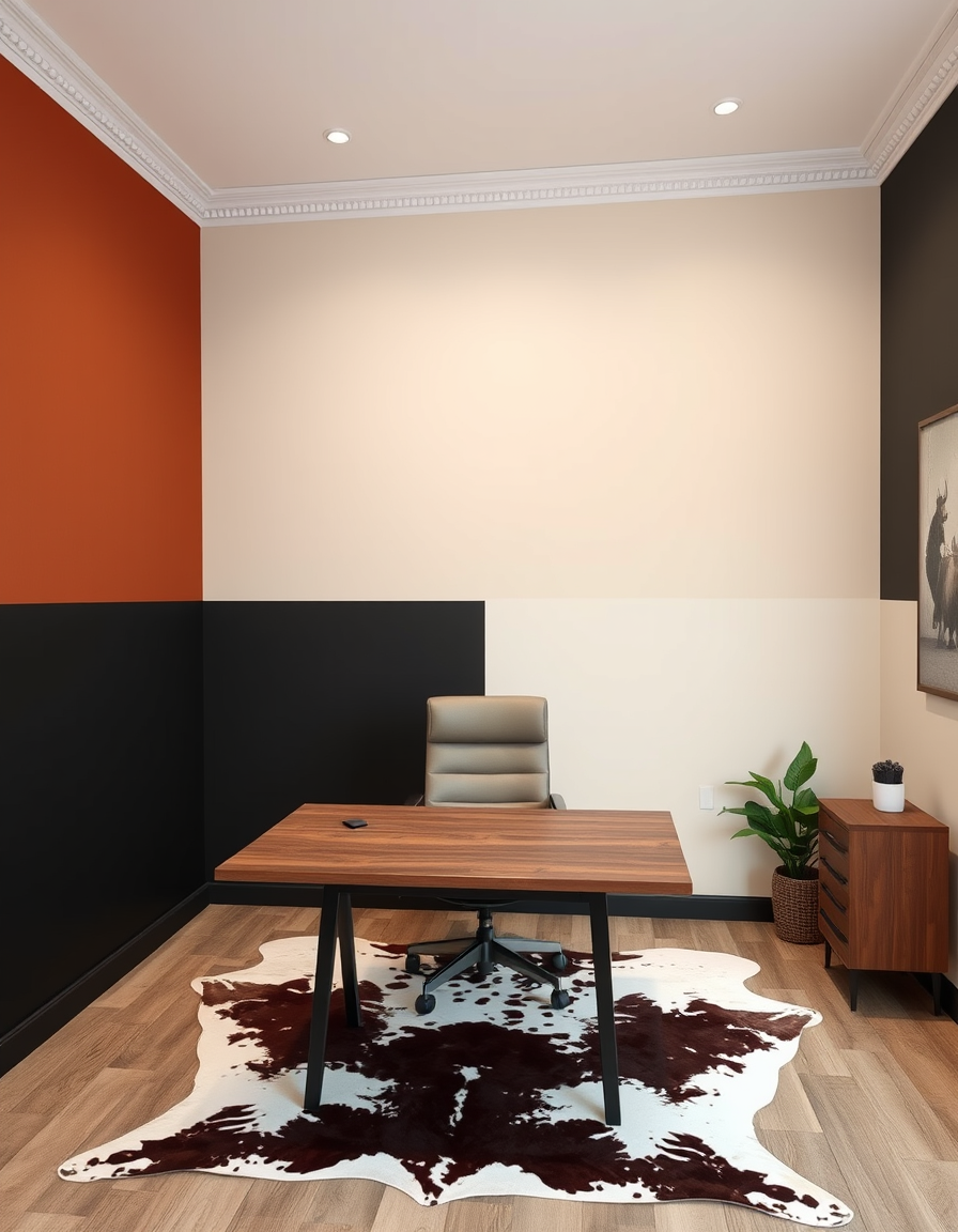 Paint Color idea: room repainted in a new wall color from the photo, accurate paint finish, photorealistic interior render, office setting; one wall rust, bottom 1/2 wa