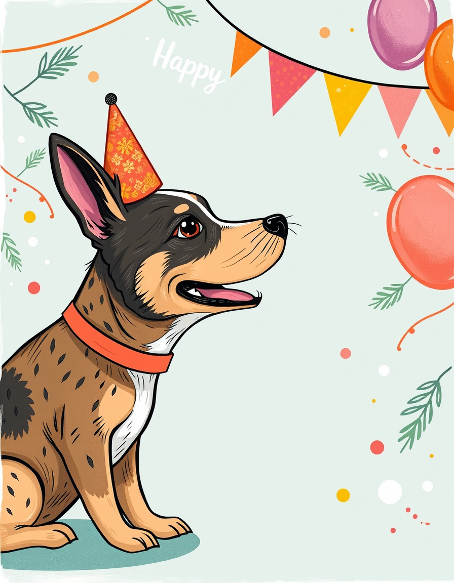 Birthday Cards idea: birthday card design, cheerful festive artwork, space for greeting, dog , printable birthday card