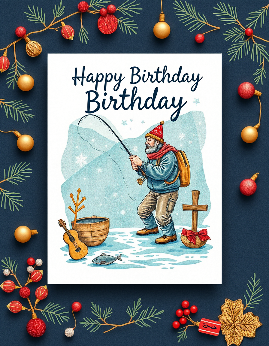 Birthday Cards idea: birthday card design, cheerful festive artwork, space for greeting, christian birthday card of a fisherman , printable birthday card