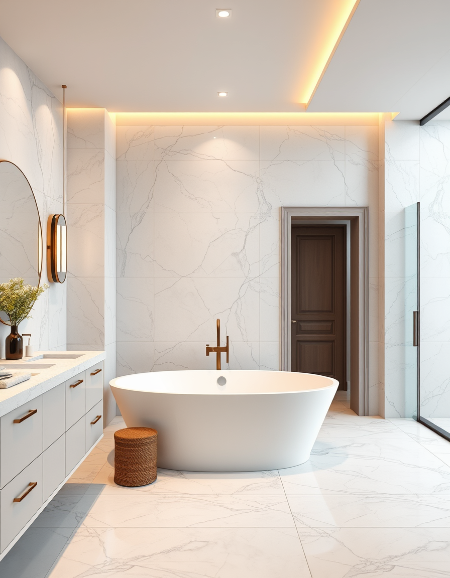 Bathroom Design idea: AI bathroom design, tiled surfaces vanity and fixtures, photorealistic interior render, spa-like bathroom with large marble tiles, a freestanding soak