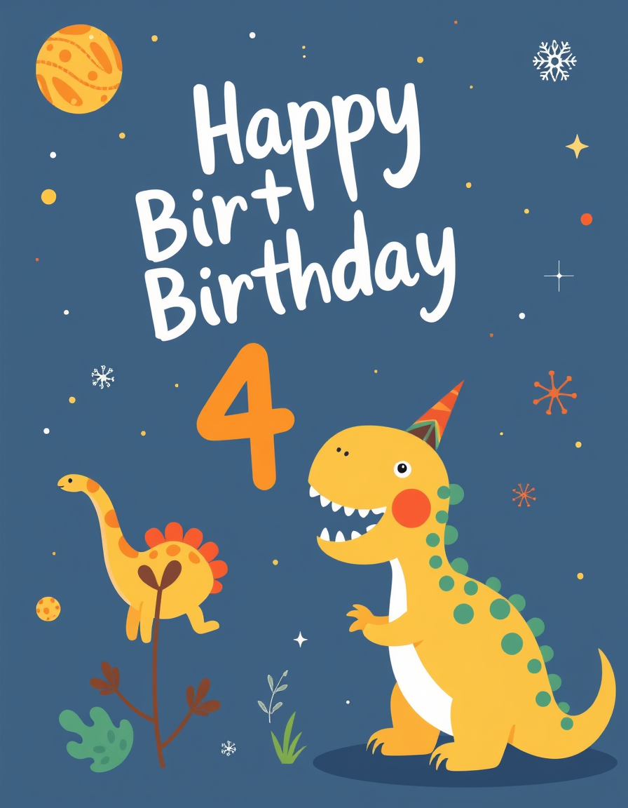 Birthday Cards idea: birthday card design, cheerful festive artwork, space for greeting, 4 year old boy birthday card with dinosaur theme , printable birthday card