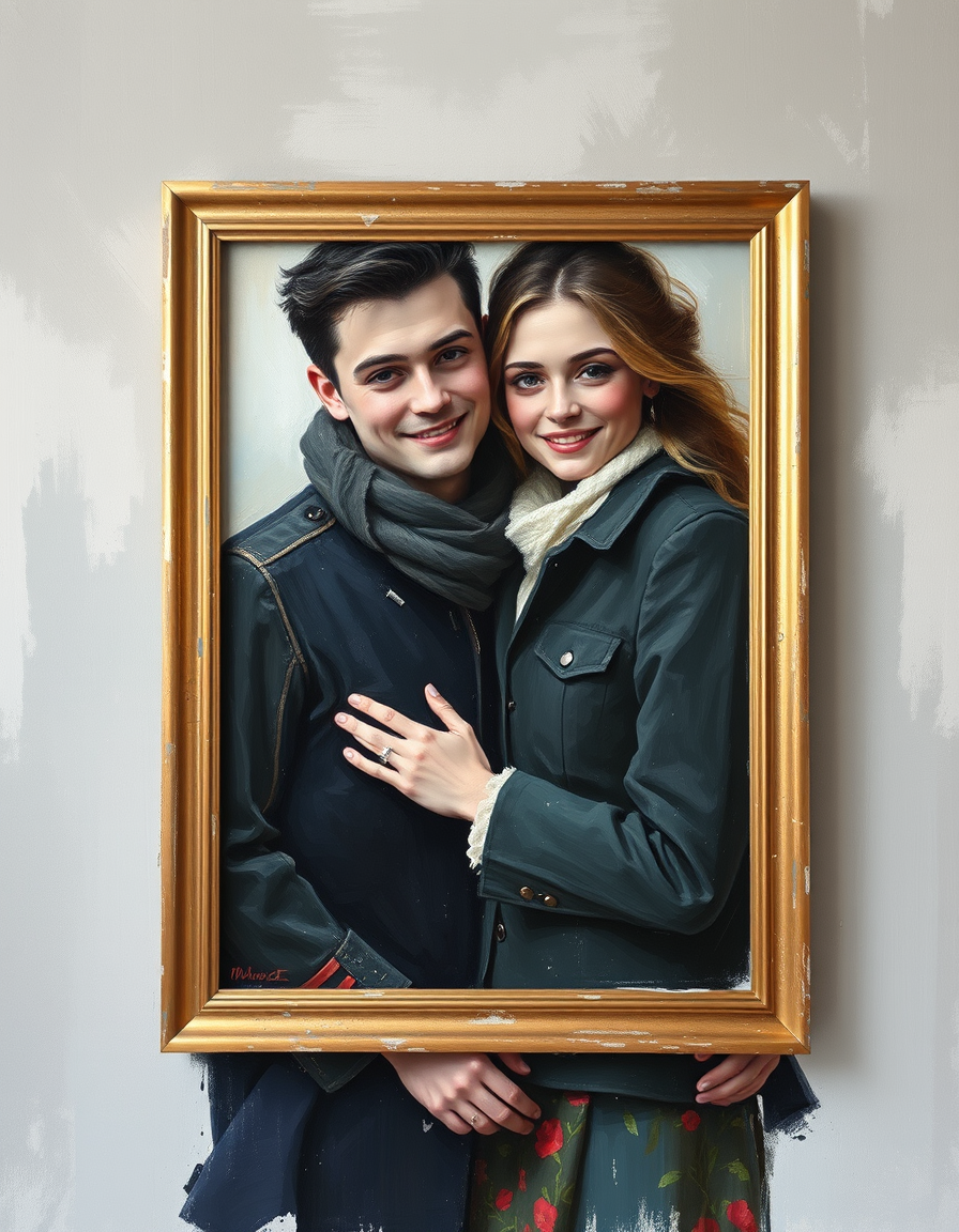 Turn Photo Into Paintings idea: painting from the photo, expressive brushwork, painterly rendering, ein Paarfoto verwandelt in ein romantisches Ölgemälde mit weicher Vignette , frame