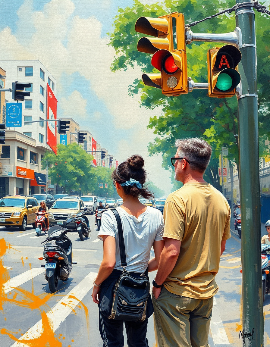 Photo To Paintings idea: painting from the photo, rich brushstrokes, painterly texture, An Asian woman and an American man standing at the traffic lights. They are waiting for
