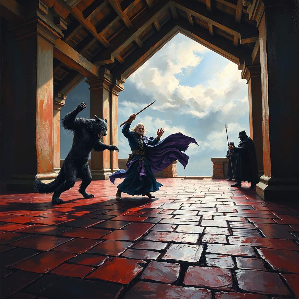 Oil Paintings idea: oil painting style, rich textures, brushstrokes, impasto technique, A powerful oil painting in an intricately detailed style. An open-air temple. The