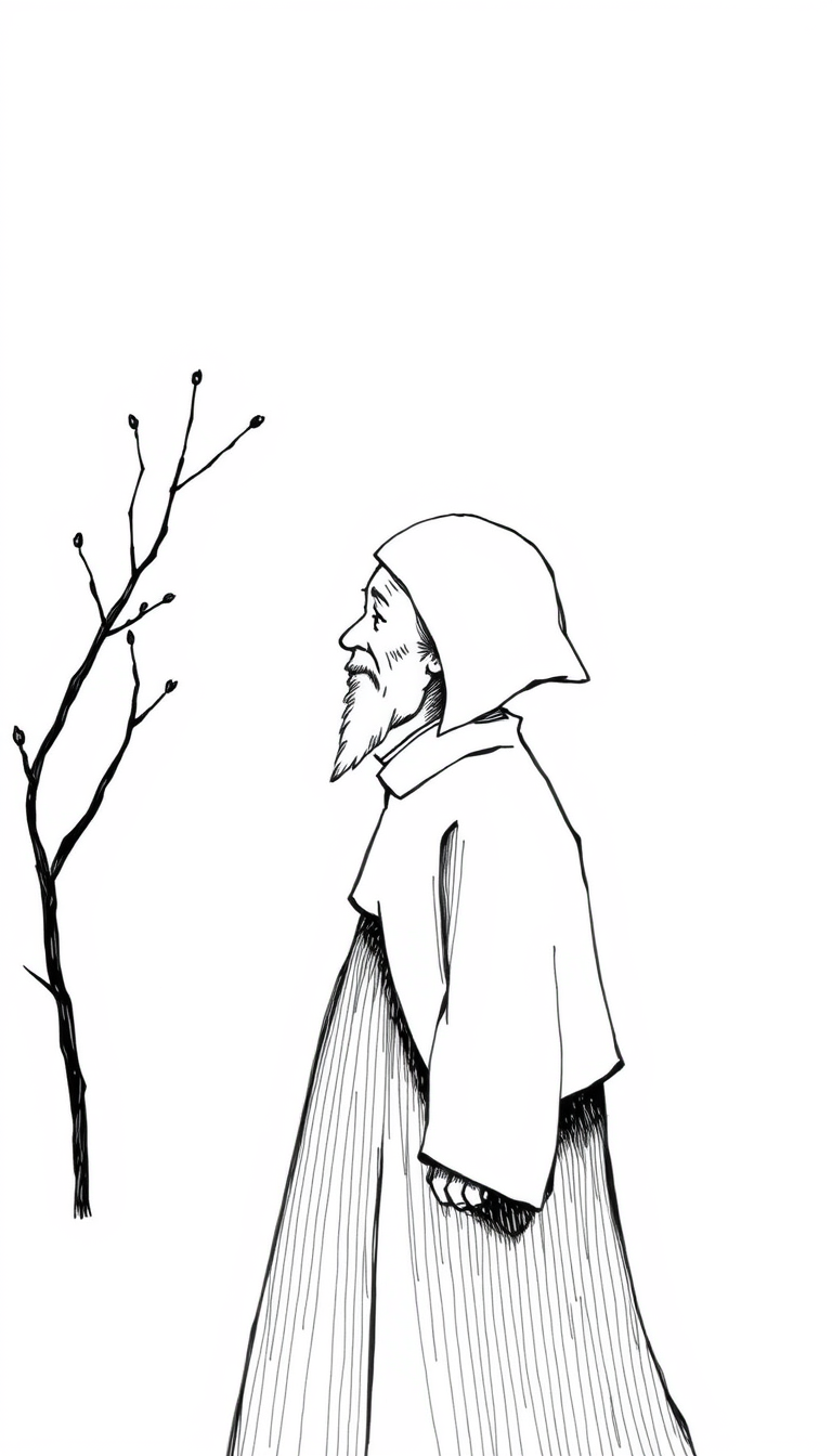 Storybook Illustration idea created from the prompt: storybook illustration, warm narrative scene, hand-drawn feel, soft palette, Fine line ink drawing, micron pen art, of a very old Capuchin f