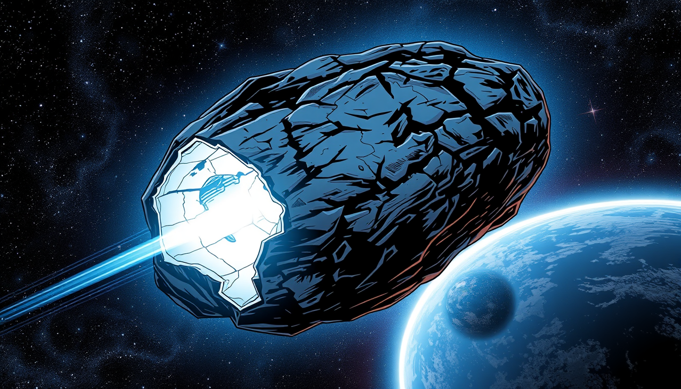 Main painting studio: A huge mysterious cracked rock floats through space, glowing white-blue from inside, moving toward Earth. Stars and galaxies in the background. Artist