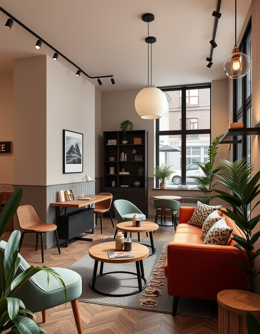 Interior Design idea: AI interior design, cohesive furniture layout decor and lighting, photorealistic interior render, i want to open a asethtic and unique coffee shop wit