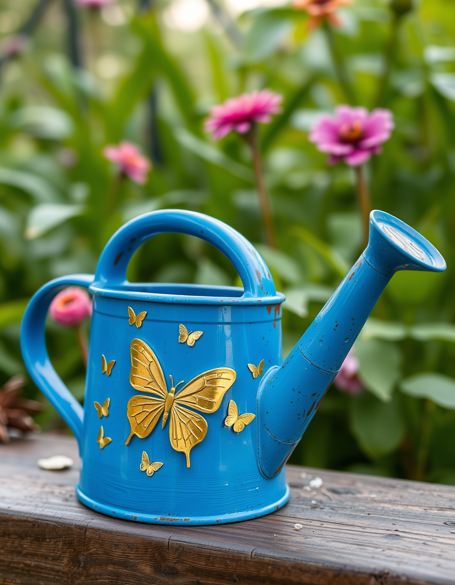 Main painting studio: a watering cans which have blue paint and small golden butterflies shapes on it