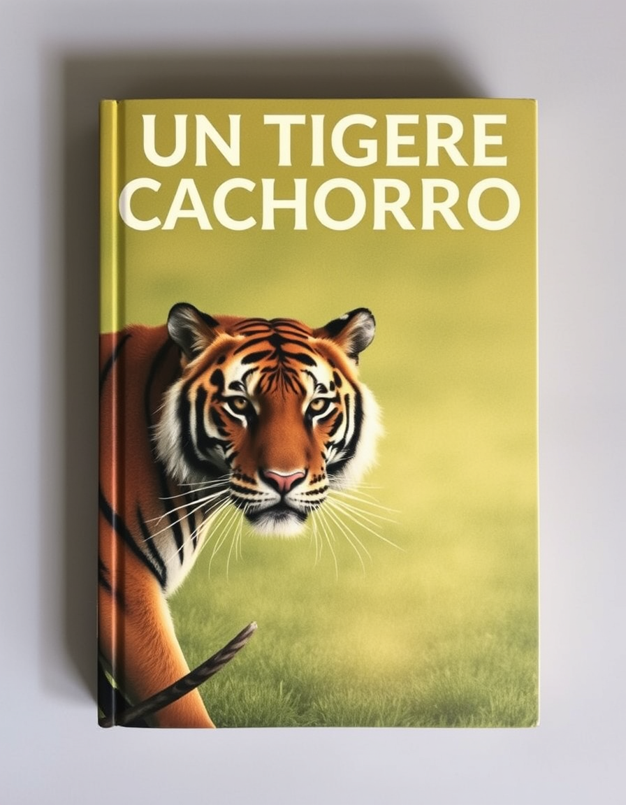 Book Covers idea: book cover composition, vertical 2:3 format, title-ready negative space at top, evocative subject, UN tigre azúl cachorro , print-ready book cover, ge