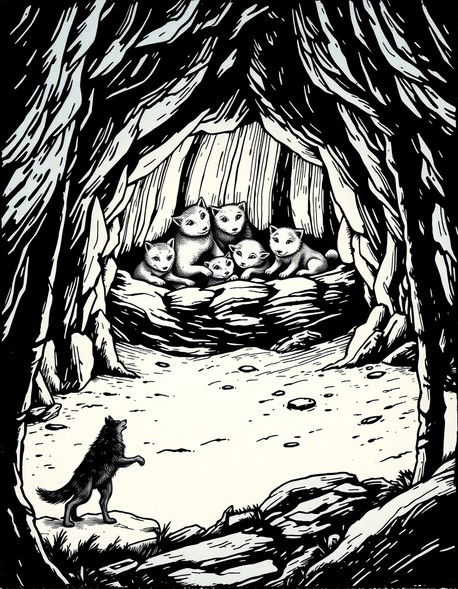 Comic Art idea: comic art, bold ink lines, halftone shading, dynamic composition, 1. People found a wolf’s den. Inside, they saw several wolf cubs. 2. The people took
