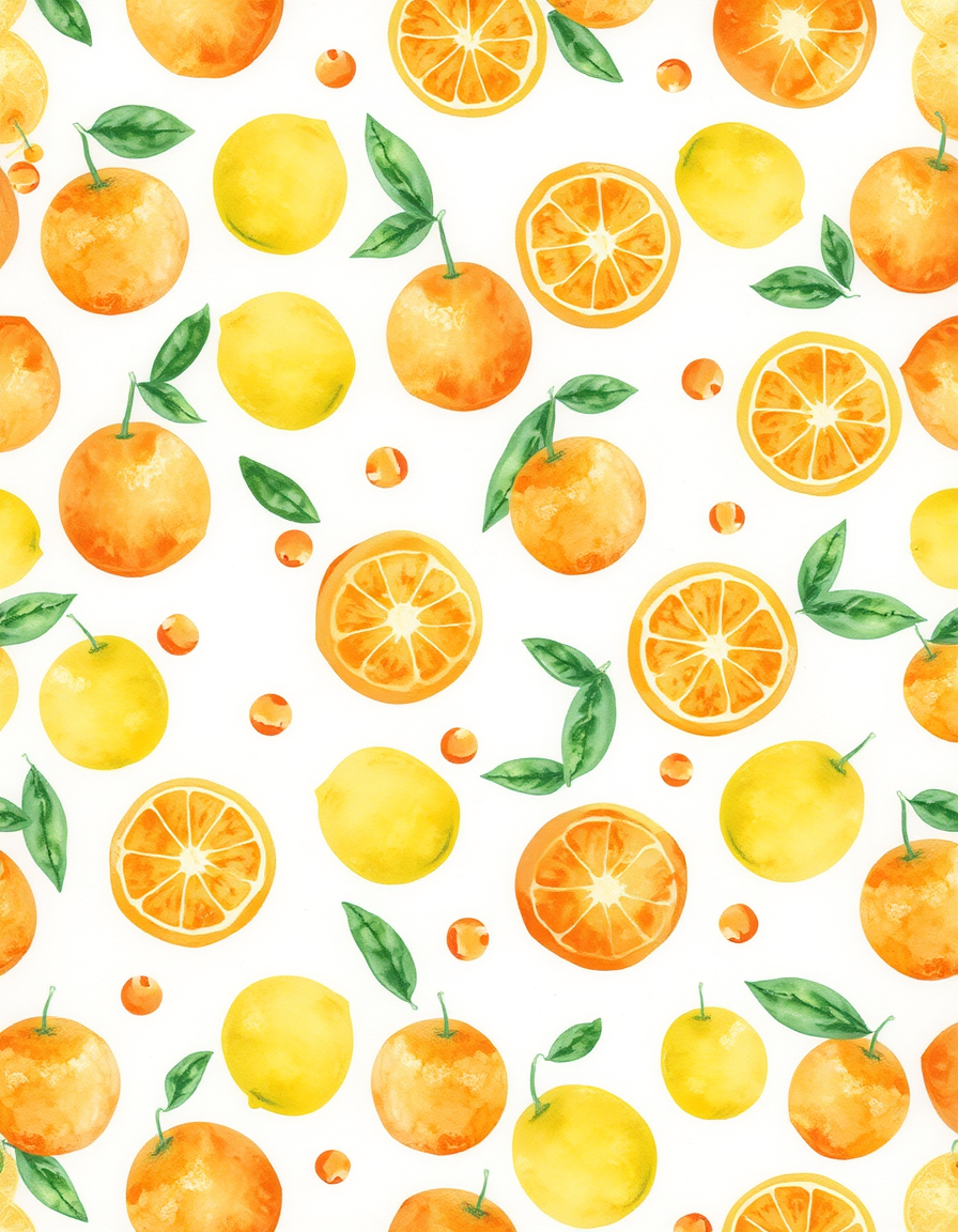 Watercolor idea: watercolor painting, soft transparent washes, wet-on-wet bleeds, paper texture visible, Tiny watercolor citrus pattern, miniature oranges, lemons and 