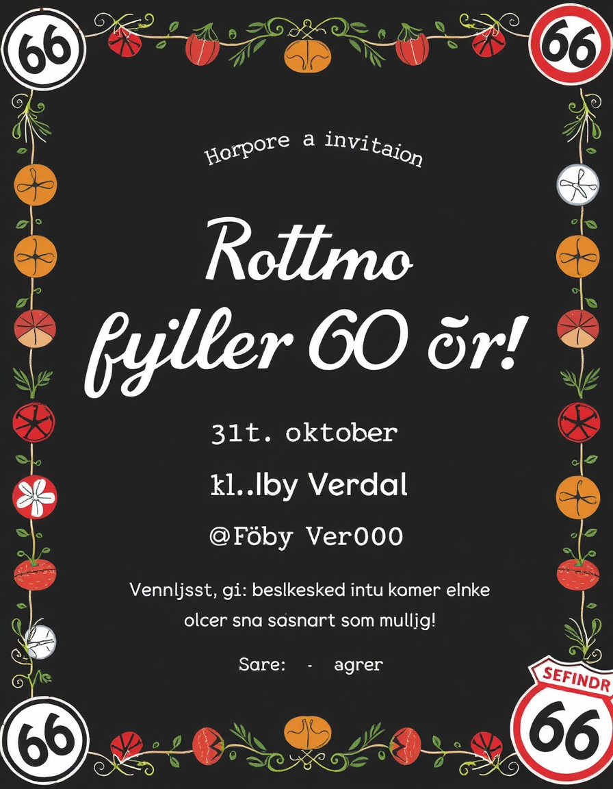 Invitation idea created from the prompt: party invitation design, festive layout, decorative border, space for event details, Text for the invitation: Tore Rotmo fyller 60 år! 31. o