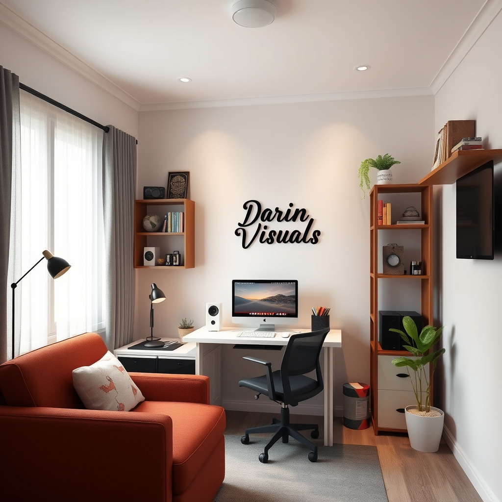 Interior Design idea: AI interior design, cohesive furniture layout decor and lighting, photorealistic interior render, Design a small, modern photo-editing room for 300,00