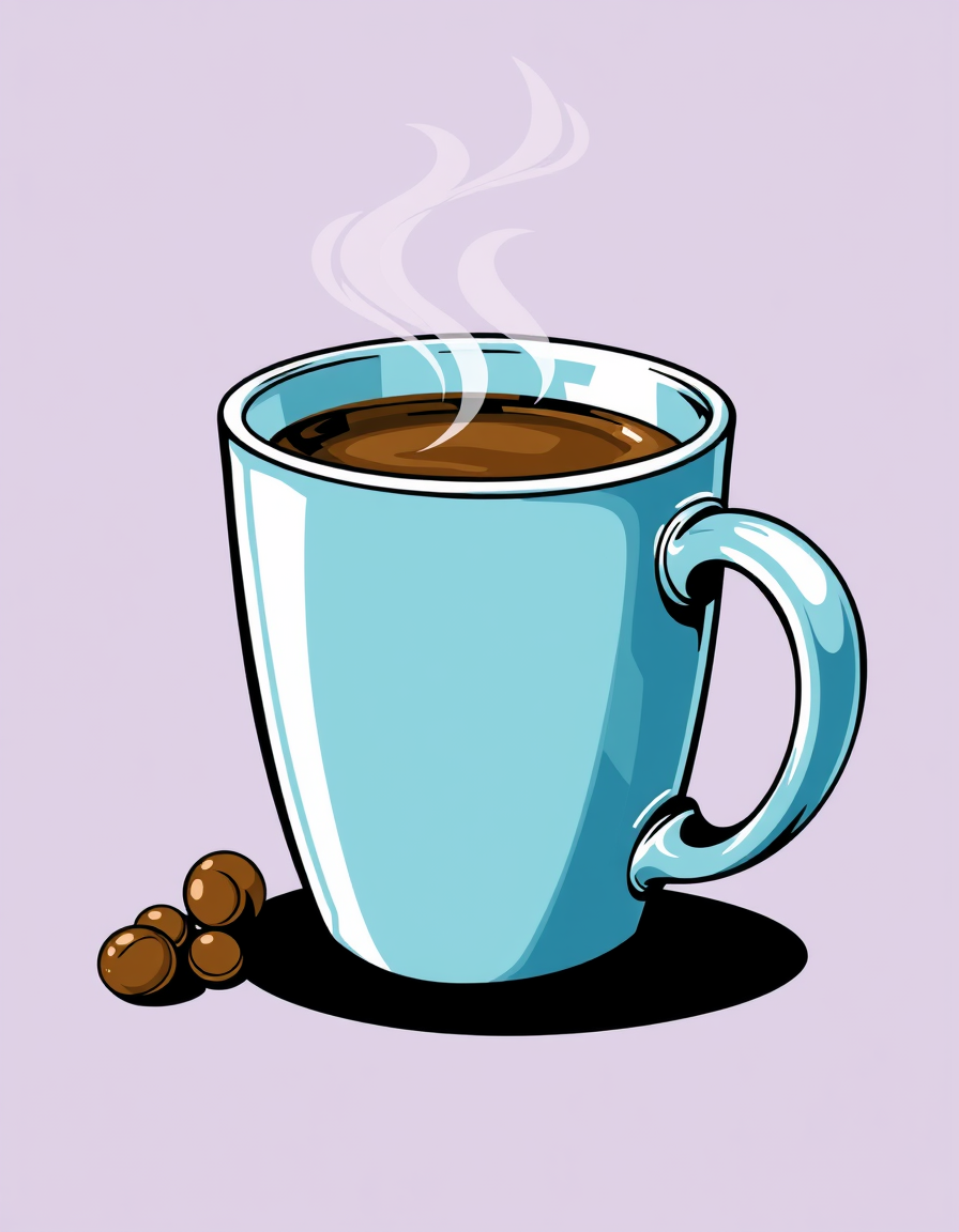 Main painting studio: draw coffee, mug, in modern popart/ retro style. High luxury