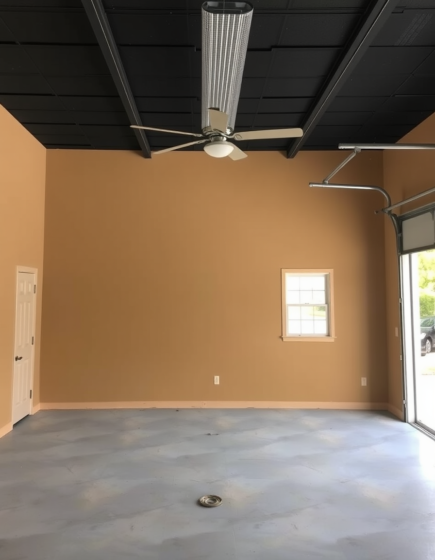 Paint Color idea: room repainted in a new wall color from the photo, accurate paint finish, photorealistic interior render, A 36' x 48' shop with black ceiling , paint