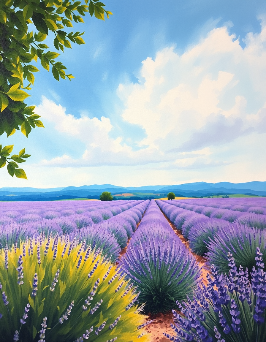 Landscape idea: painted landscape, atmospheric perspective, hand-brushed sky and foliage, gallery composition, a Provençal lavender field stretching to the horizon ,