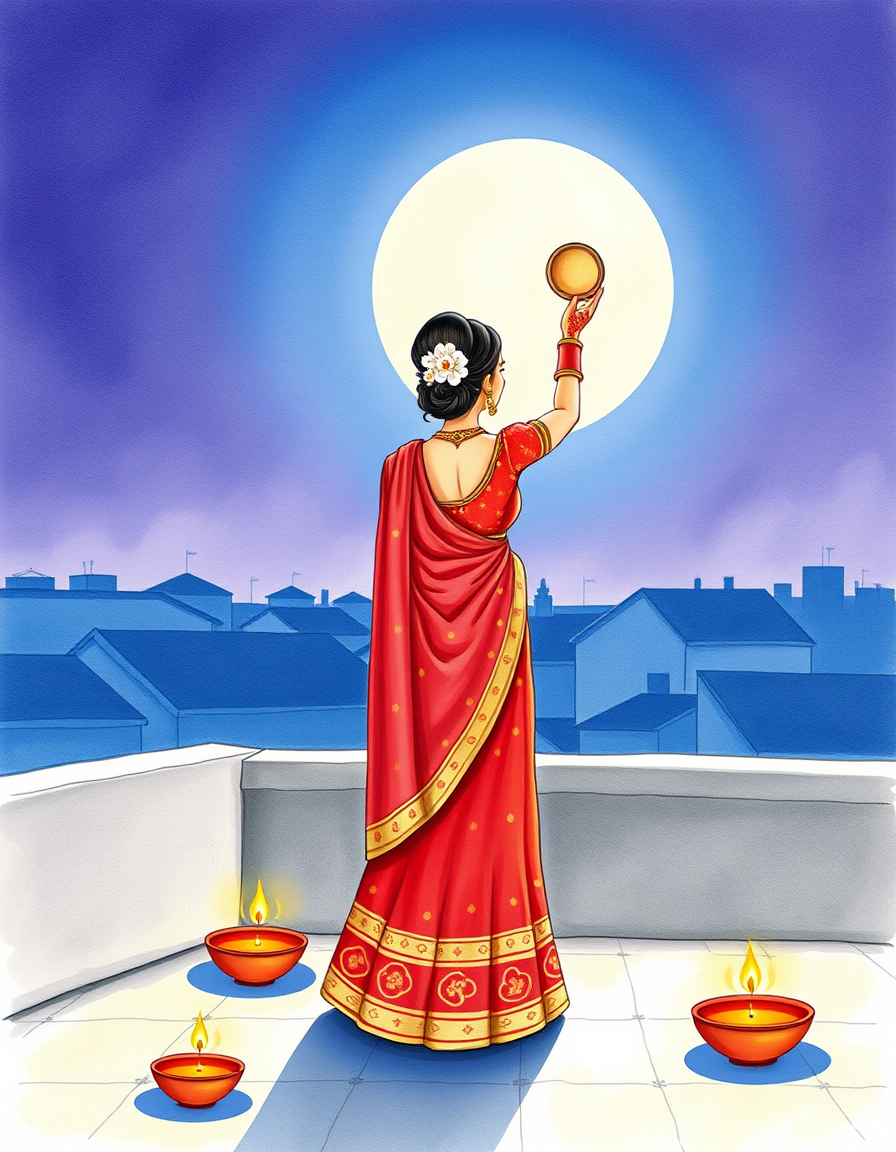 Main painting studio: Create a beautiful, simple watercolor painting of Karwa Chauth on a rooftop. In the center, show an Indian woman standing with her back towards the vi