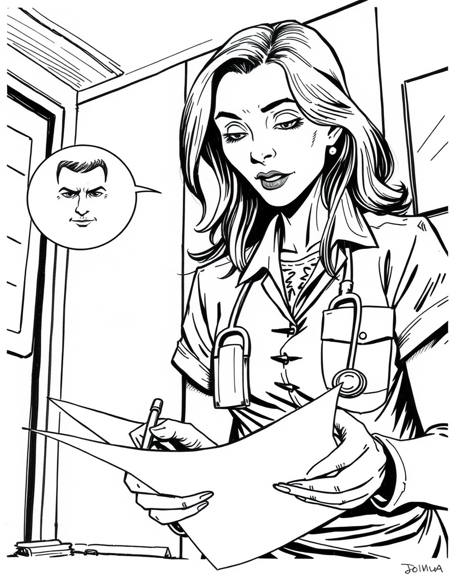 Comic Art idea: comic art, bold ink lines, halftone shading, dynamic composition, Sarah revisa una carpeta médica. Fotografía de Martin en su uniforme, sonriente. Al