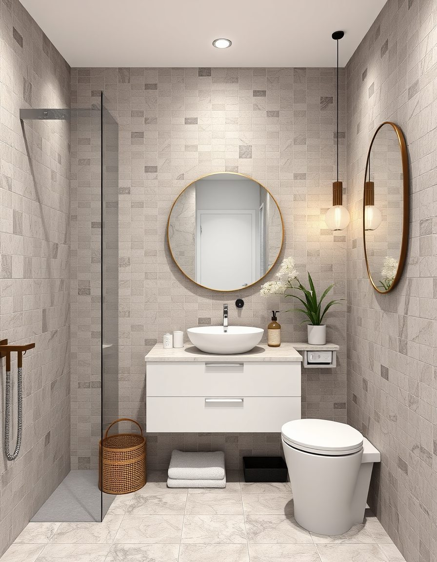 Bathroom Design idea: AI bathroom design, tiled surfaces vanity and fixtures, photorealistic interior render, 企缸黑色,牆身分上下兩色,上半為中灰色,下半為深灰色 , bathroom remodel visualization