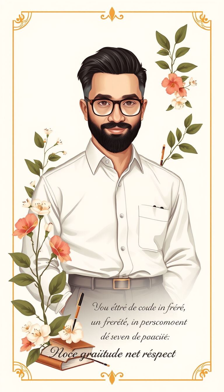 Main painting studio: Luxury vertical gift card, ivory, beige, olive, gold. Monsieur Naserdin: tall, full rectangular face, Japanese eyes, glasses, very little hair, COMPLE