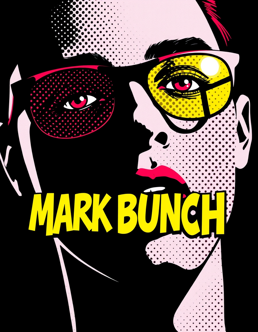 Pop Art idea: pop art style, bold flat colors, Ben-Day dots, comic-book half-tone, high-contrast subject, The name MARK BUNCH on a black background , inspired by Wa