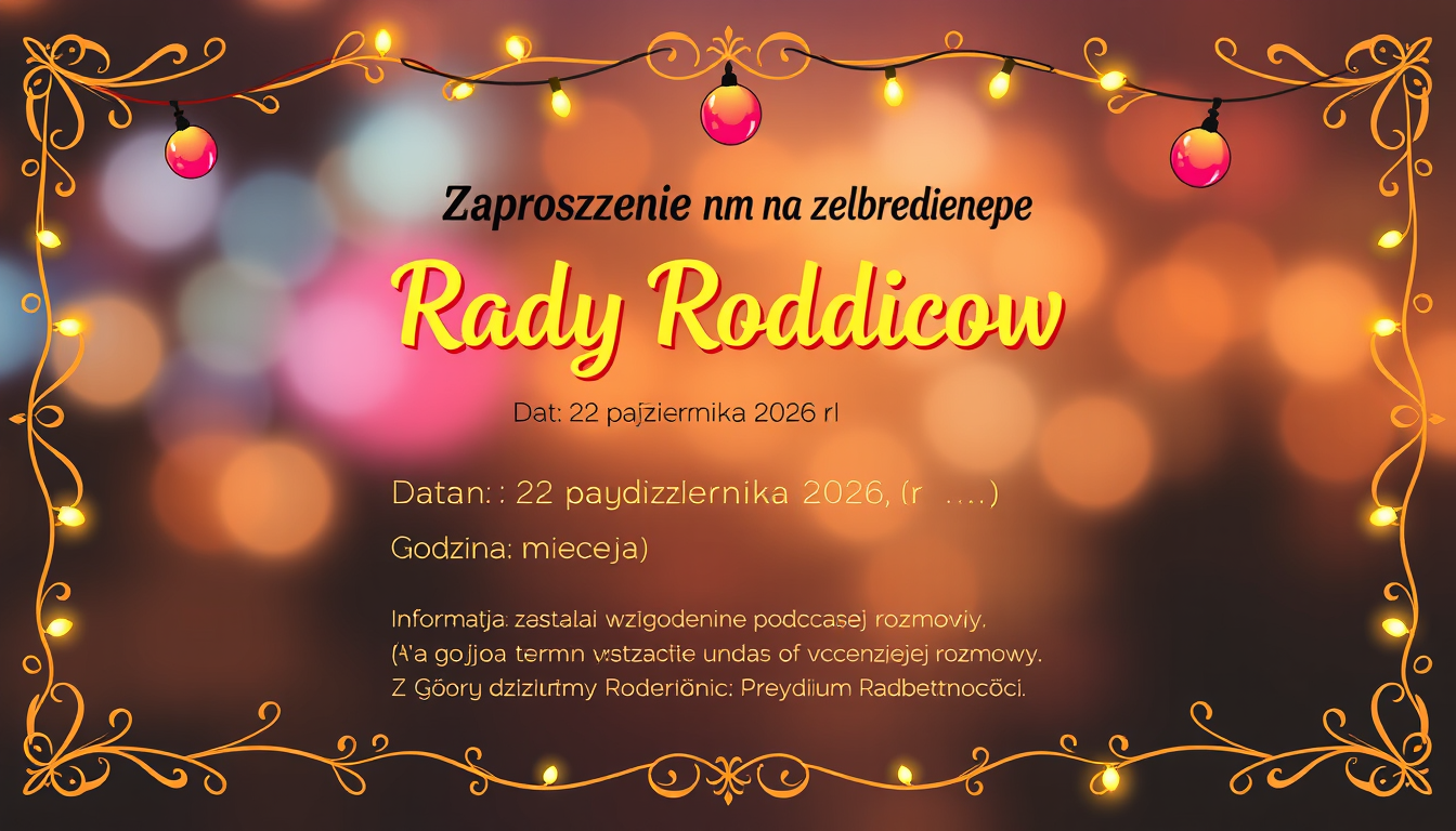 Invitation idea: party invitation design, festive layout, decorative border, space for event details, Zaproszenie na zebranie Rady Rodziców Data: 22 października 2026