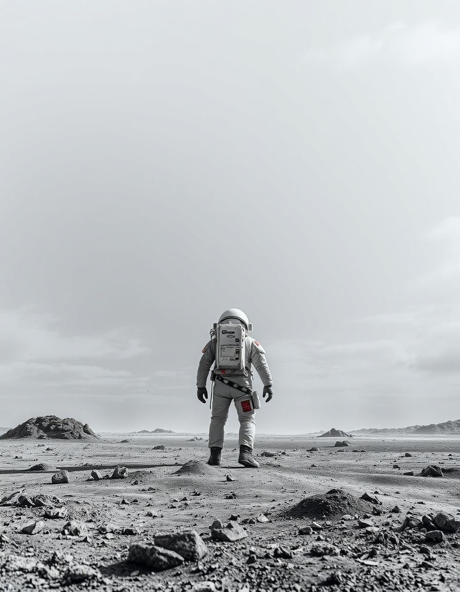 Book Covers idea: book cover composition, vertical 2:3 format, title-ready negative space at top, evocative subject, A lone astronaut in a battered and patched spacesui