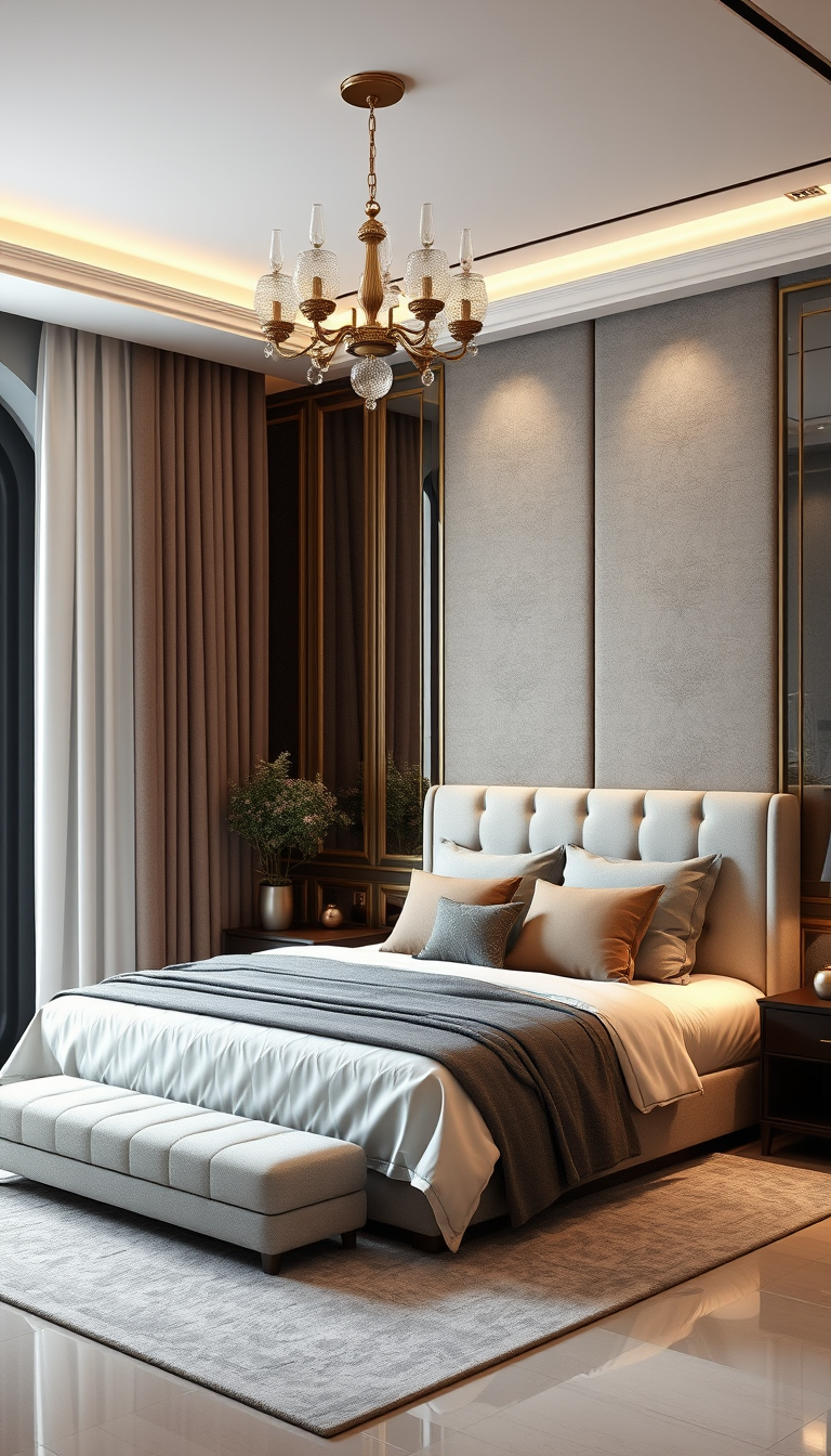 Bedroom Design idea: AI bedroom design, bed layout decor and lighting, photorealistic interior render, Grand Chambre luxe , bedroom makeover visualization
