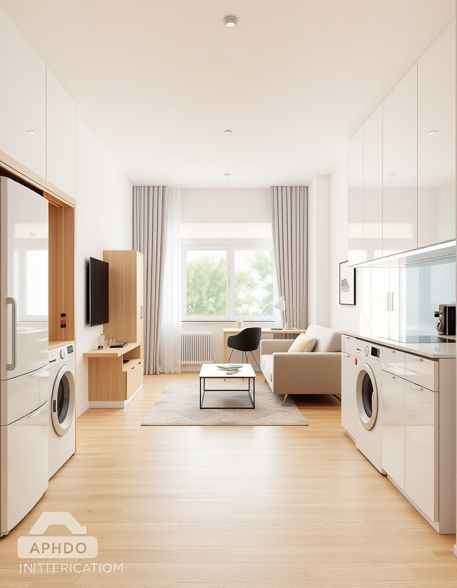 Interior Design idea: AI interior design, cohesive furniture layout decor and lighting, photorealistic interior render, Interior design for a small multifunctional room, 5m