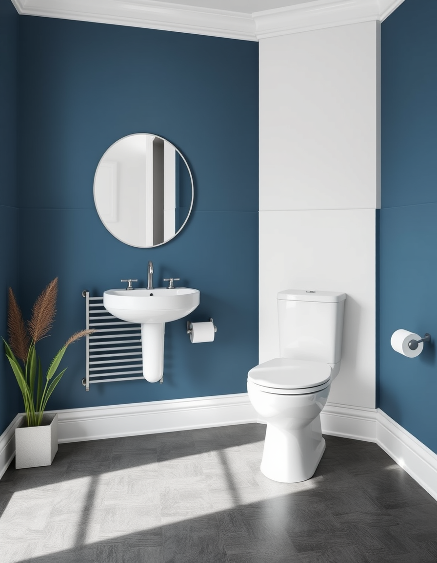 Paint Color idea: room repainted in a new wall color from the photo, accurate paint finish, photorealistic interior render, toilet painted with dark grey flooring, wall