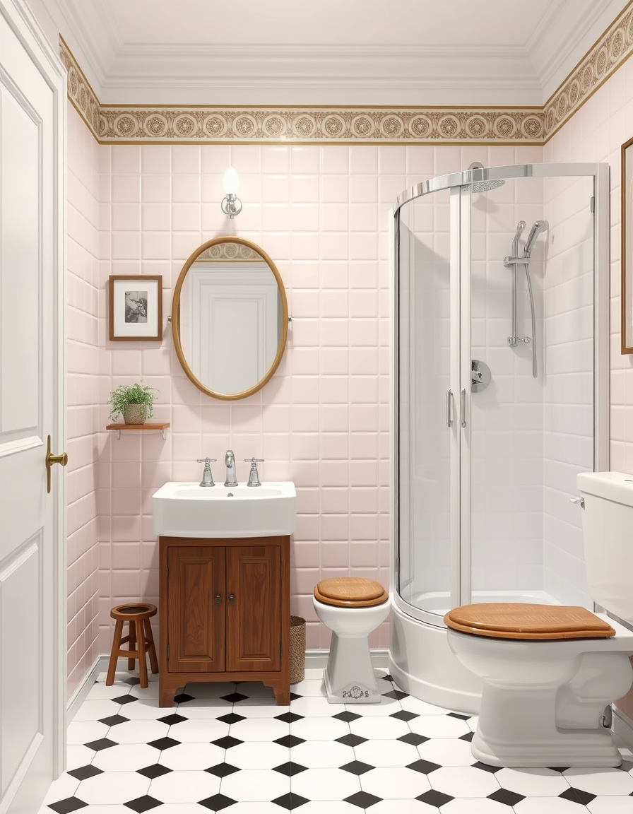 Bathroom Design idea: AI bathroom design, tiled surfaces vanity and fixtures, photorealistic interior render, small bathroom with a toilet on the left of the doorway, then