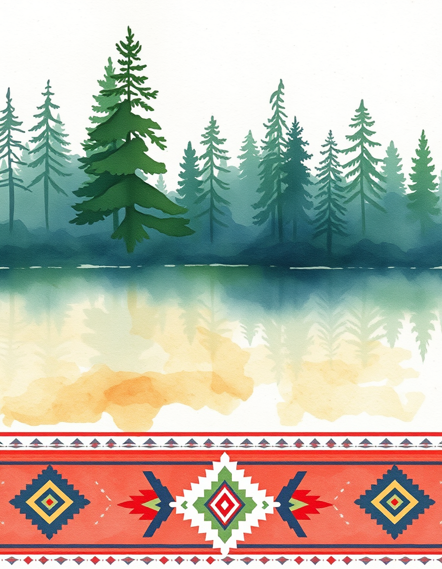 Watercolor idea: watercolor painting, soft transparent washes, wet-on-wet bleeds, paper texture visible, Water with trees in the background and an native American desi