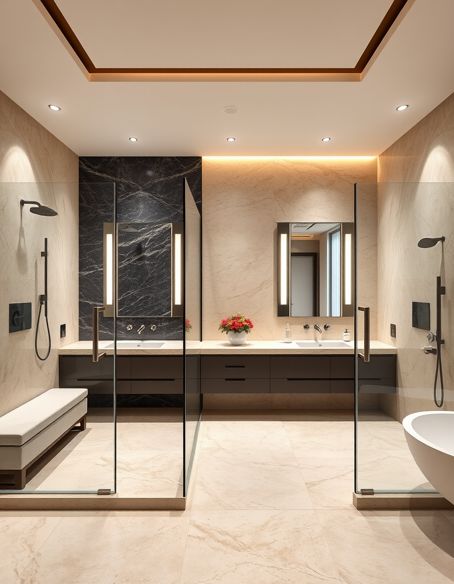 Main painting studio: Luxury modern master bathroom, 4m × 2.2m × 3.2m. Two separate walk-in showers instead of a bathtub, each shower with a built-in marble bench. Elegant