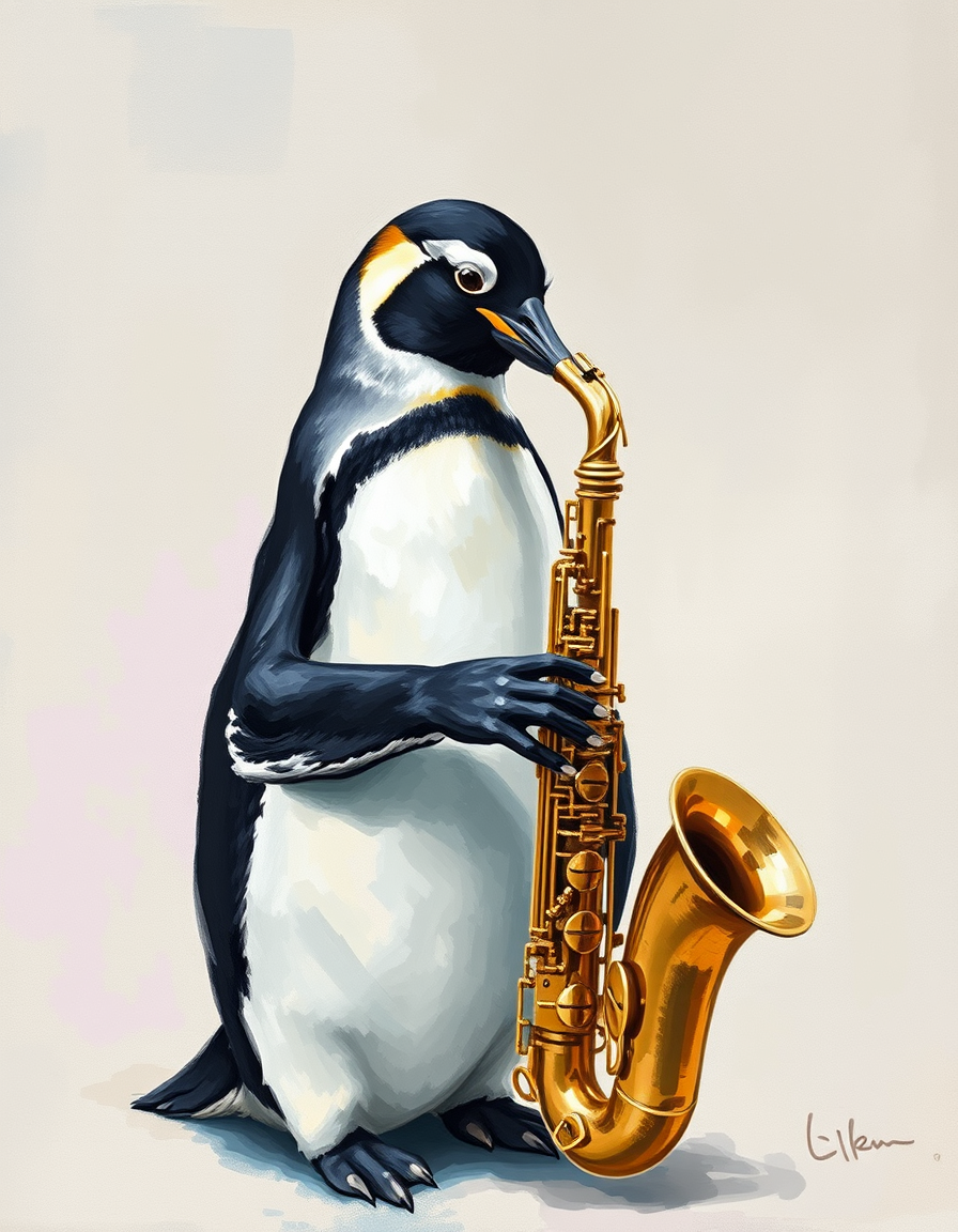 Turn Photo Into Paintings idea: a source photo redrawn with visible physical brushwork, deliberate composition, penguin playing a saxophone , polished painting, coherent details, cle