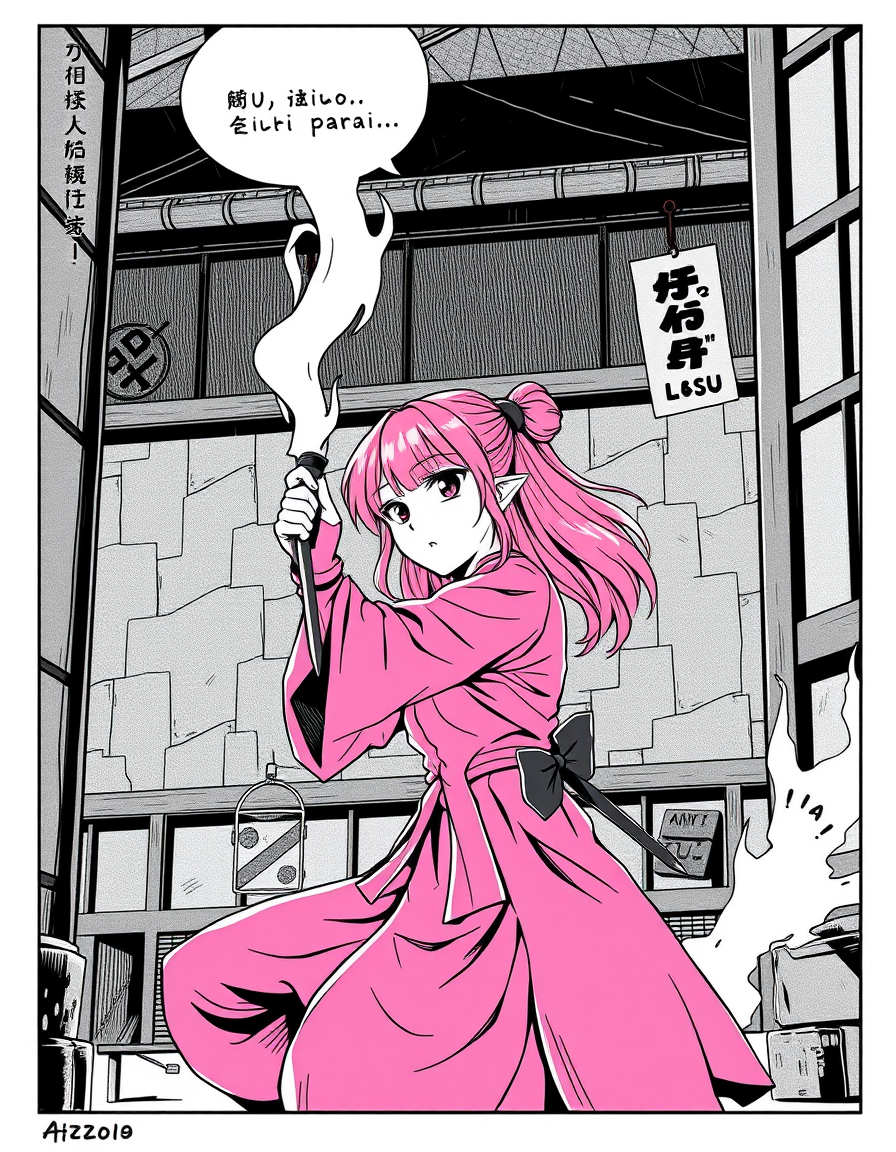 Comic Art idea: comic art, bold ink lines, halftone shading, dynamic composition, Korean manhwa style, Mizuki, a pink-haired girl...was in the dojo of her kingdom...w