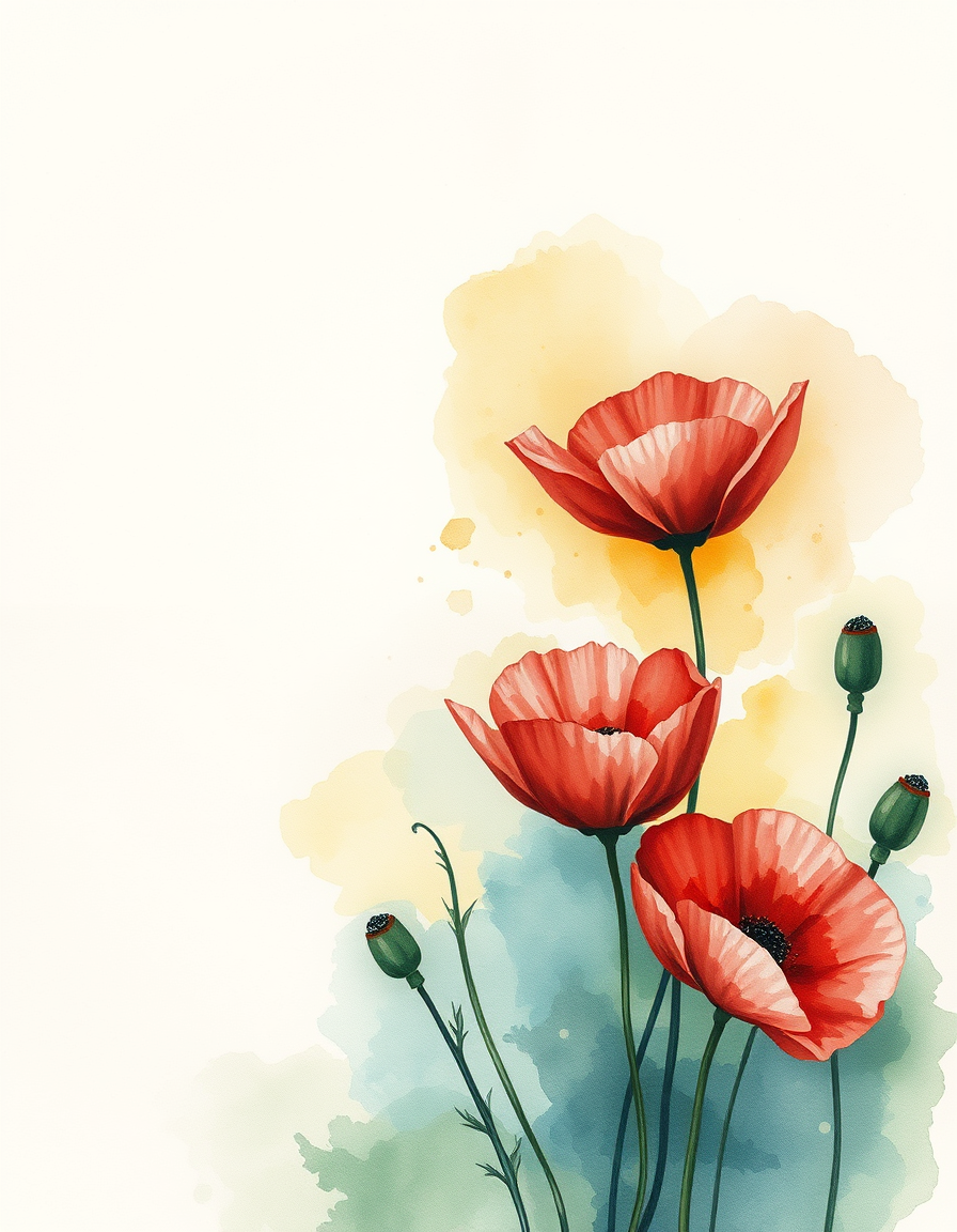 Picture Into Watercolor idea: turn picture into watercolor, transparent washes, paper texture, soft pigment edges, poppies , delicate watercolor painting, luminous color, hand-pain