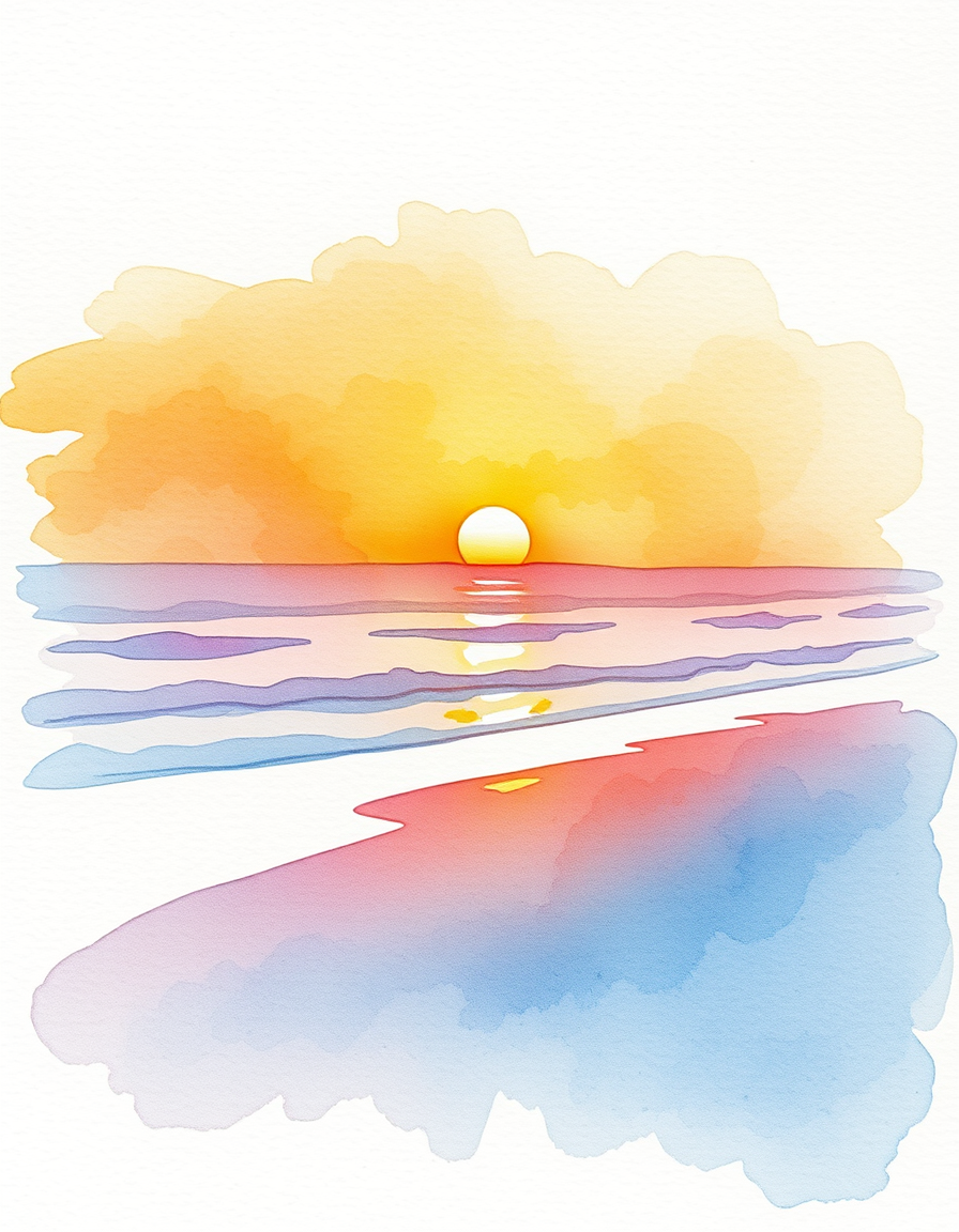 Picture Into Watercolor idea: turn picture into watercolor, transparent washes, paper texture, soft pigment edges, sunset at the beach , delicate watercolor painting, luminous colo