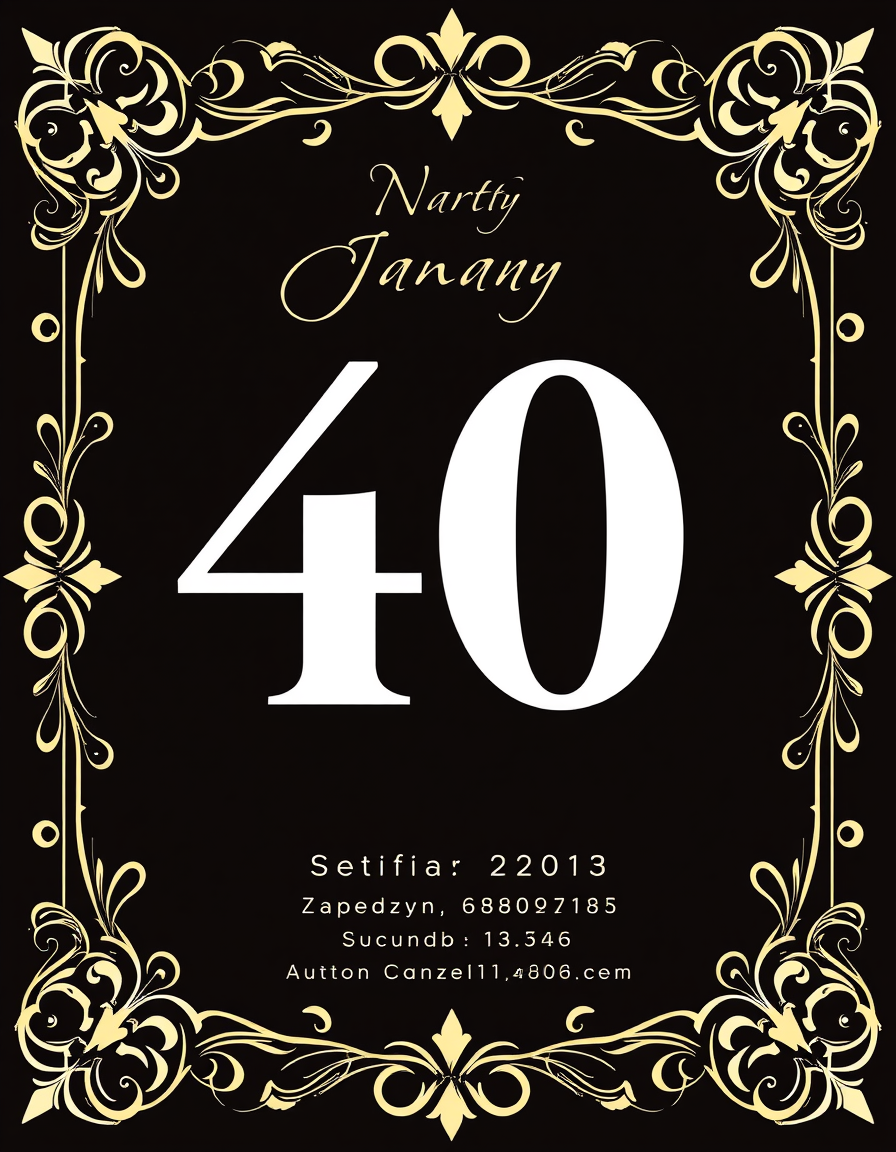 Invitation idea: party invitation design, festive layout, decorative border, space for event details, zaproszenie na 40 urodziny, eleganckie w kolorze złoto-czarnym ,